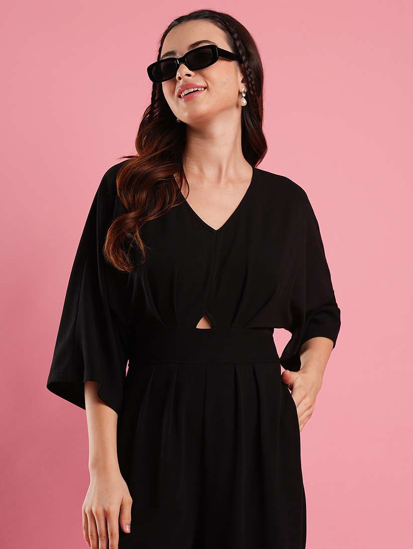 women's black v-neck batwing sleeves cut-out detail long jumpsuit - 21486290 -  Standard Image - 3