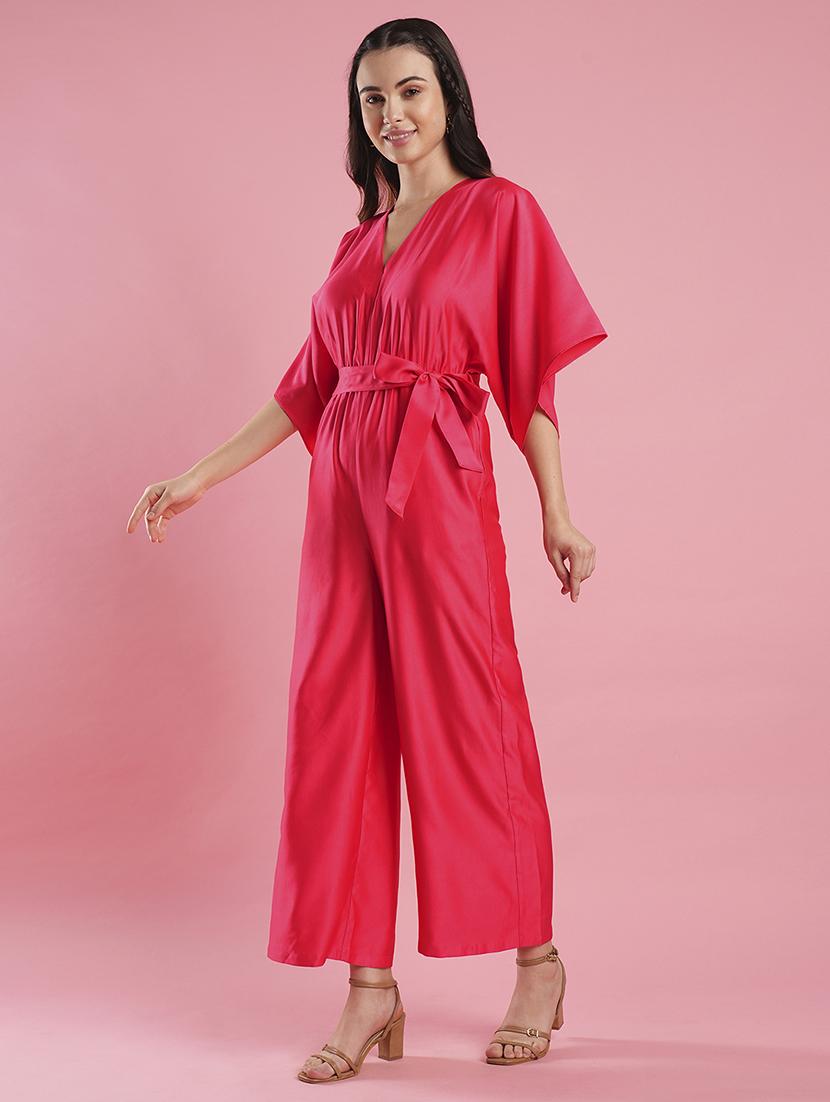 women's pink v-neck kimono style extended sleeves waist tie-up wide leg workwear jumpsuit - 21486291 - Zoom Image - 0