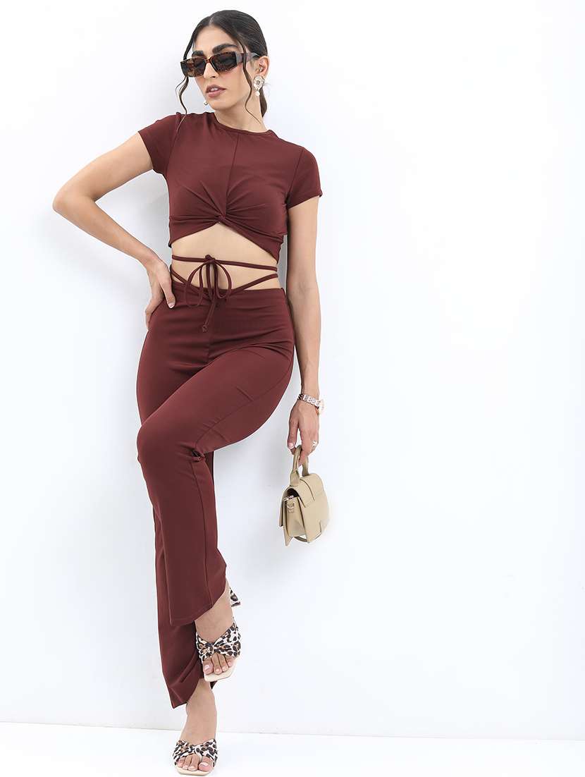 women maroon polyester top and trouser co-ord set - 21486400 -  Standard Image - 3