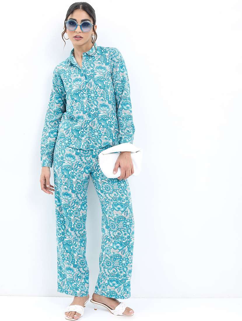 women blue polyester shirt and trouser co-ord set