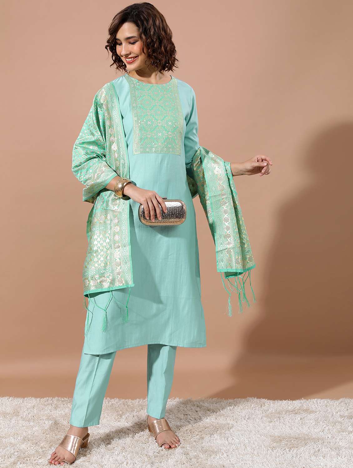 women three quarter sleeve kurta pant with dupatta set - 21486411 -  Zoom Image - 0