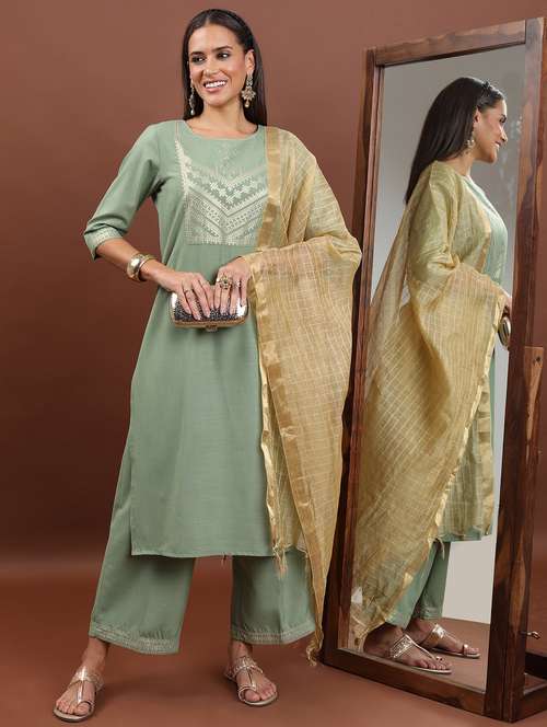 women placement print kurta palazzo set with dupatta - 21486467 - Standard Image - 0