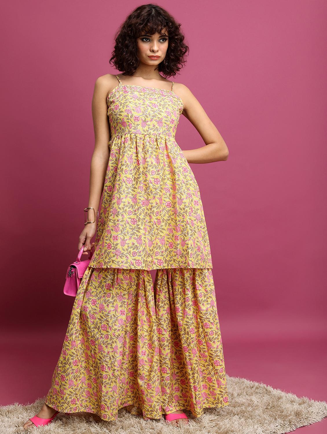 women yellow floral printed kurta sharara set 