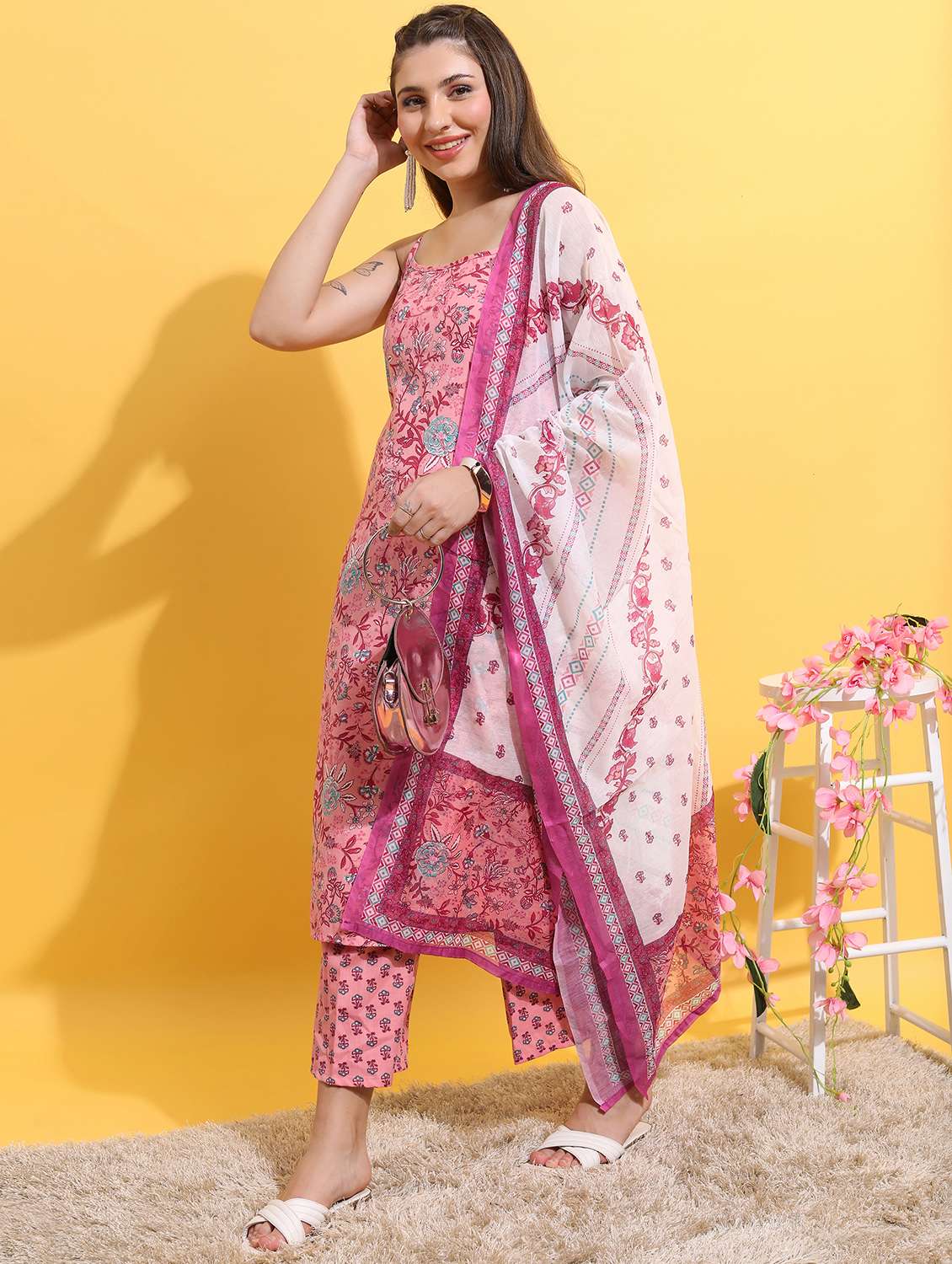women pink floral kurta pant set with dupatta