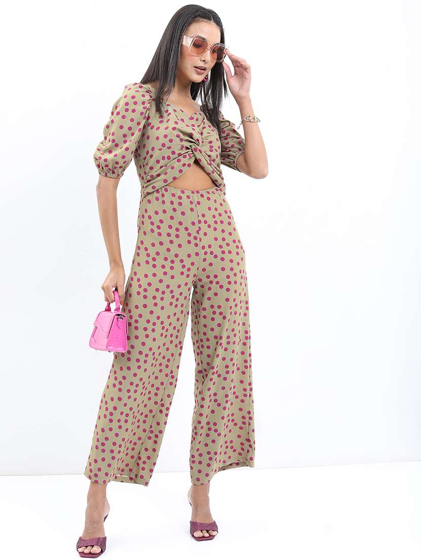 green cotton blend full leg jumpsuit