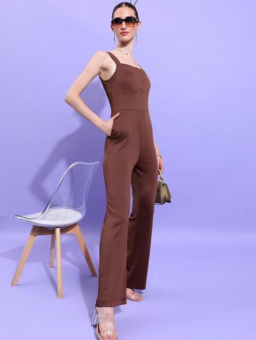 women brown cotton blend full leg jumpsuit - 21486578 - Standard Image - 0