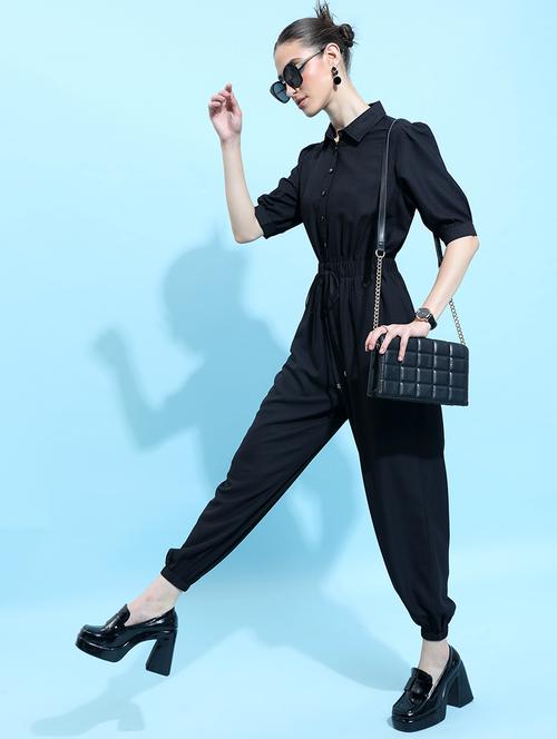 women black cotton blend full leg jumpsuit - 21486582 - Standard Image - 0