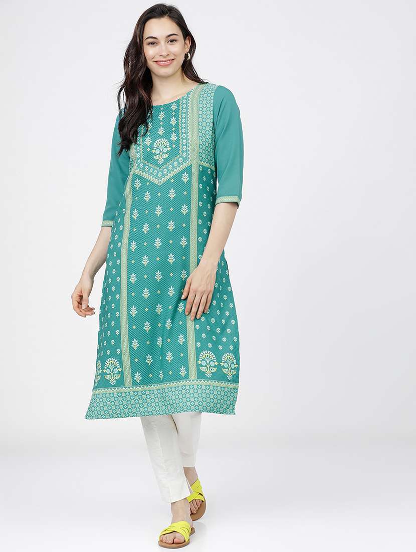women sea green cotton blend straight kurta