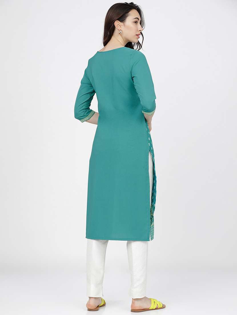women sea green cotton blend straight kurta - 21486599 -  Standard Image - 3