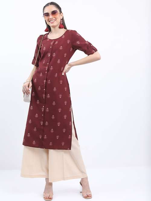 women maroon cotton blend straight kurta - 21486601 -  Standard Image - 0
