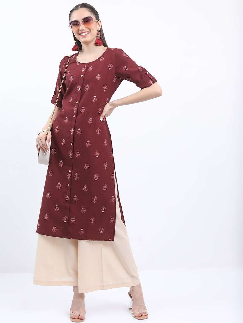 women maroon cotton blend straight kurta