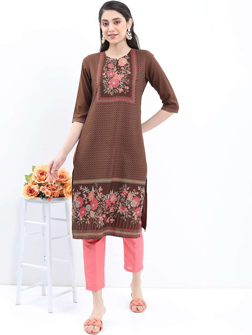 women three quarter sleeve printed a-line kurta
