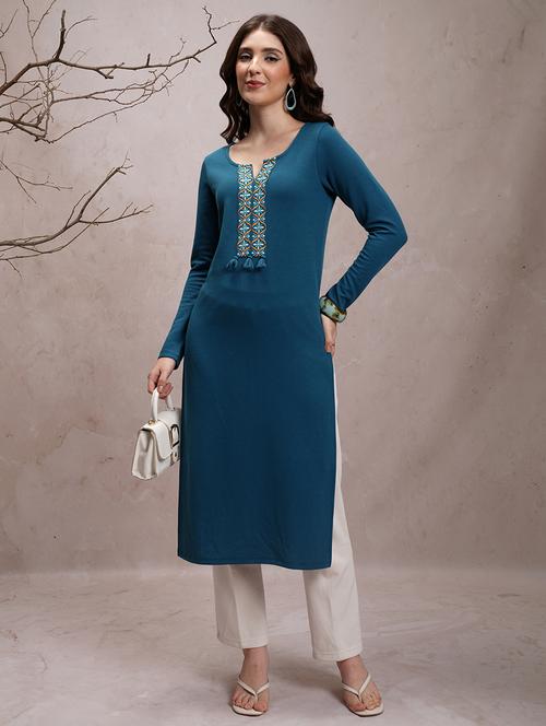women three quarter sleeve embroidered a-line kurta - 21486623 - Standard Image - 0