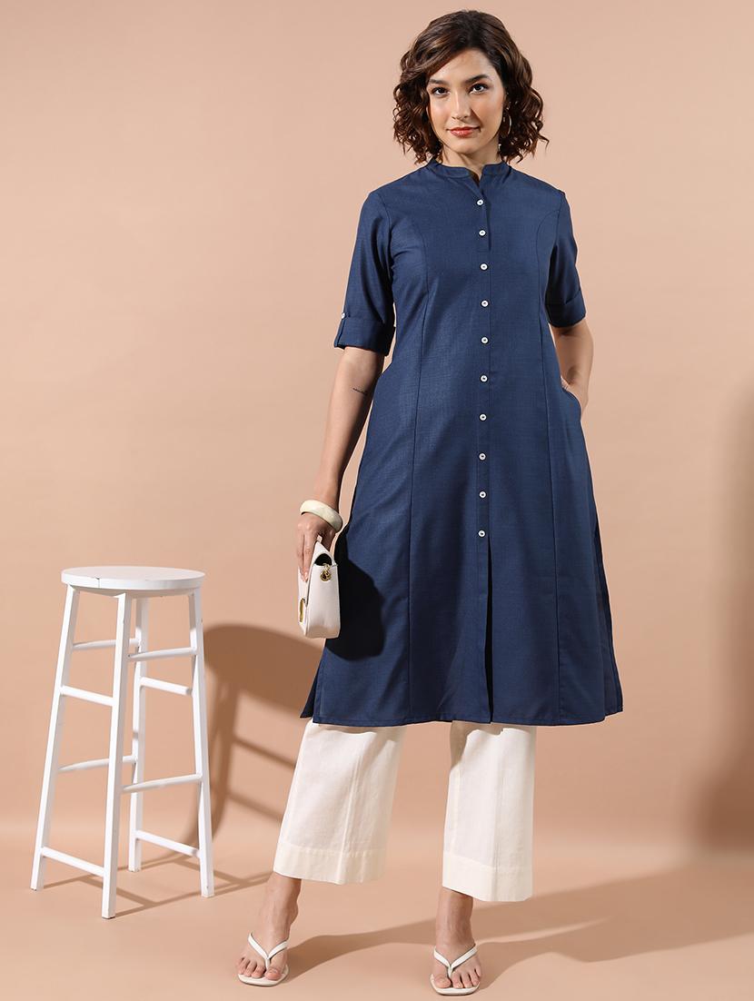 blue solid a-line kurta - 21486633 - Standard Image - 3