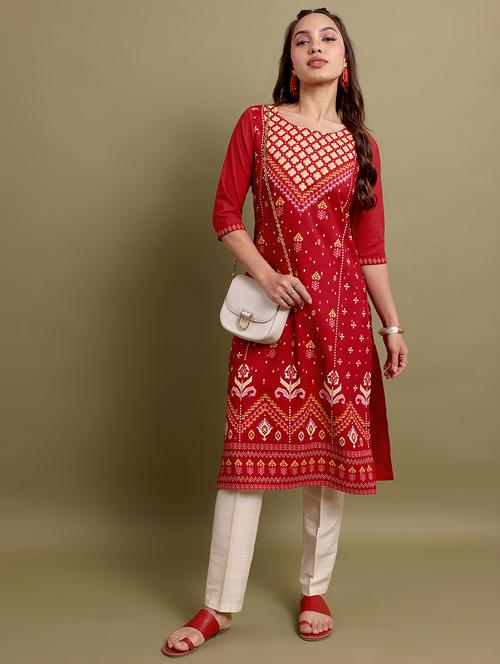 women three quarter sleeve printed a-line kurta - 21486640 - Standard Image - 0