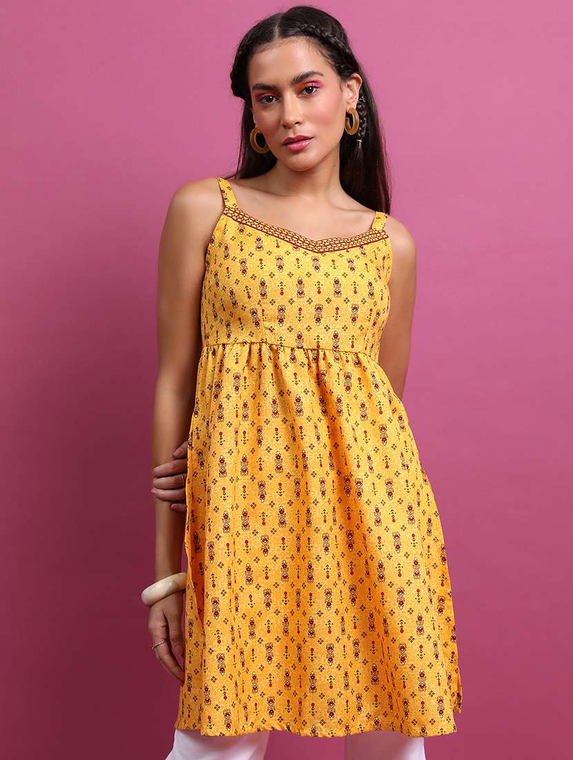 women yellow printed flared kurta