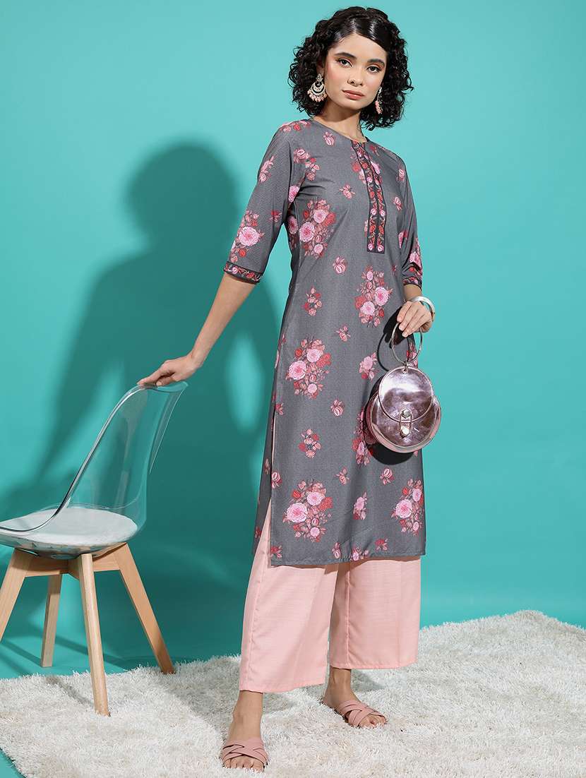 grey floral printed a-line kurta