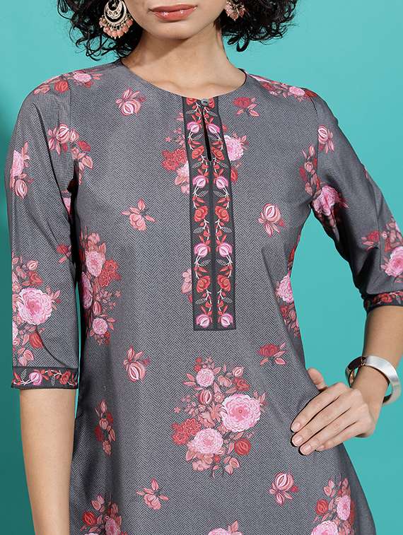 grey floral printed a-line kurta - 21486643 -  Standard Image - 3