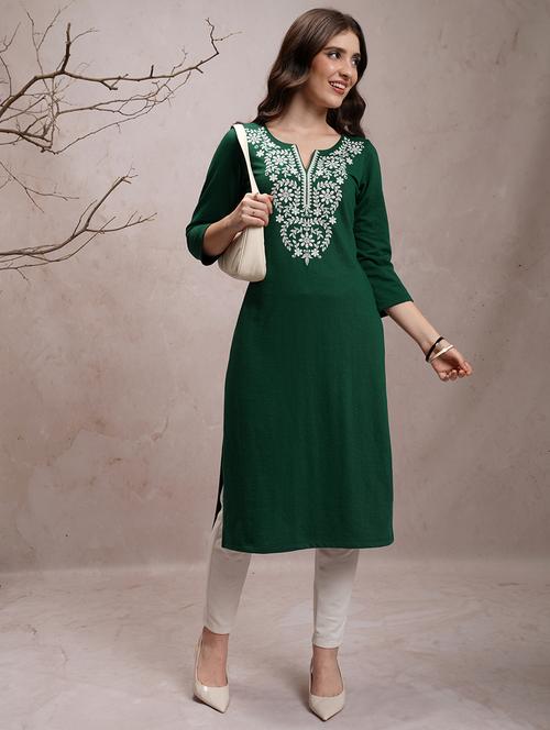 green embroidered a-line kurta - 21486655 -  Standard Image - 0