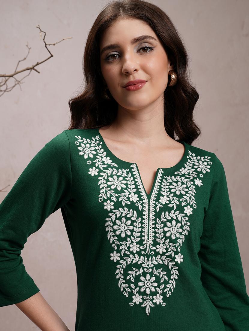 green embroidered a-line kurta - 21486655 - Standard Image - 3