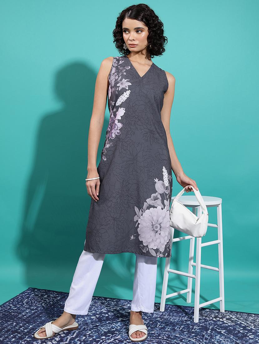 grey floral printed a-line kurta - 21486666 - Zoom Image - 0