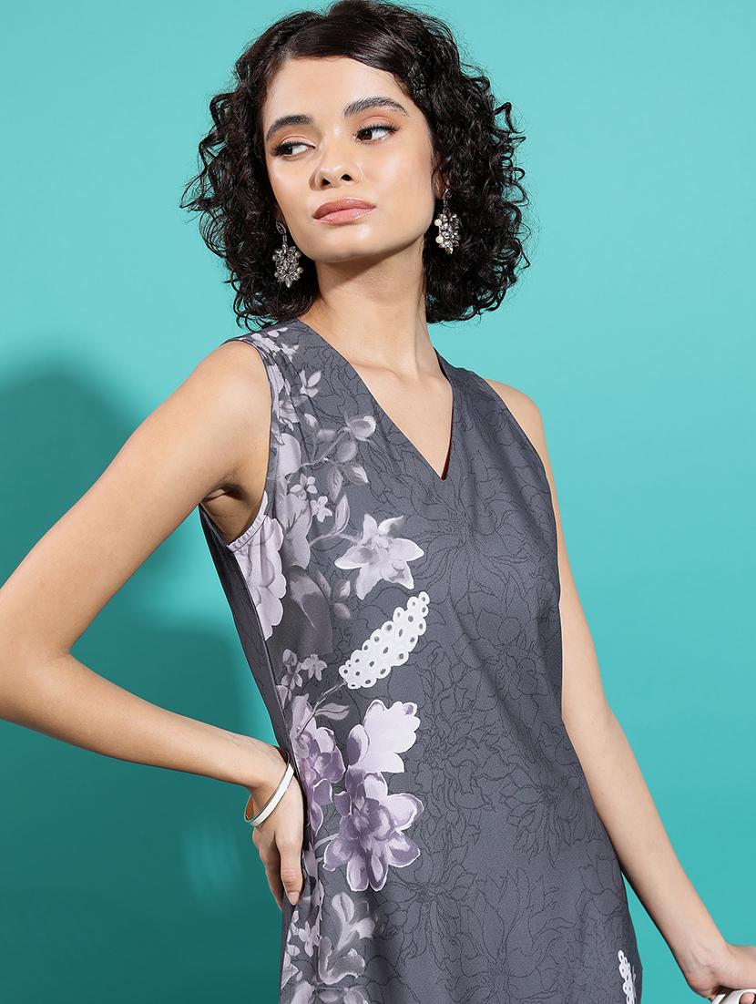 grey floral printed a-line kurta - 21486666 - Standard Image - 3