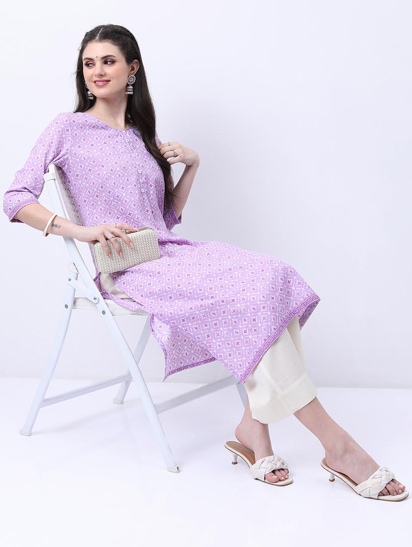 women three quarter sleeve printed a-line kurta - 21486697 - Standard Image - 3