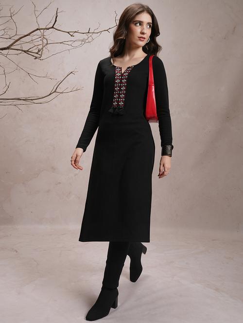 black embroidered a-line kurta - 21486702 - Standard Image - 0