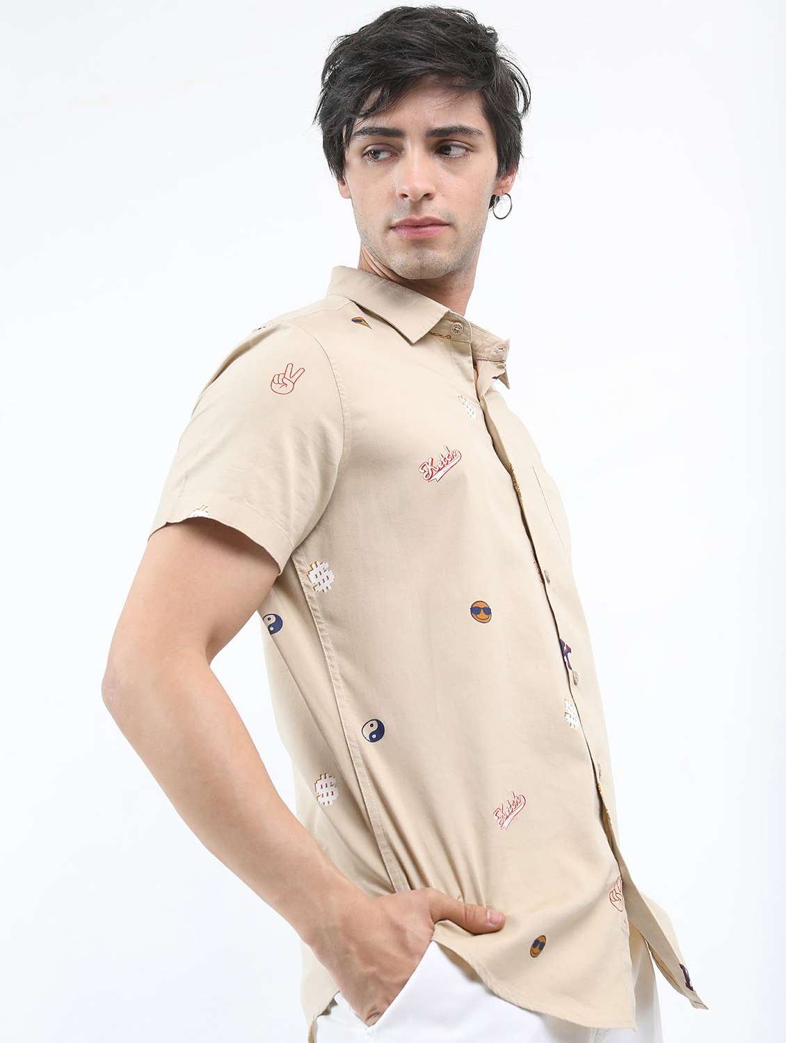 men beige collared neck casual shirts
