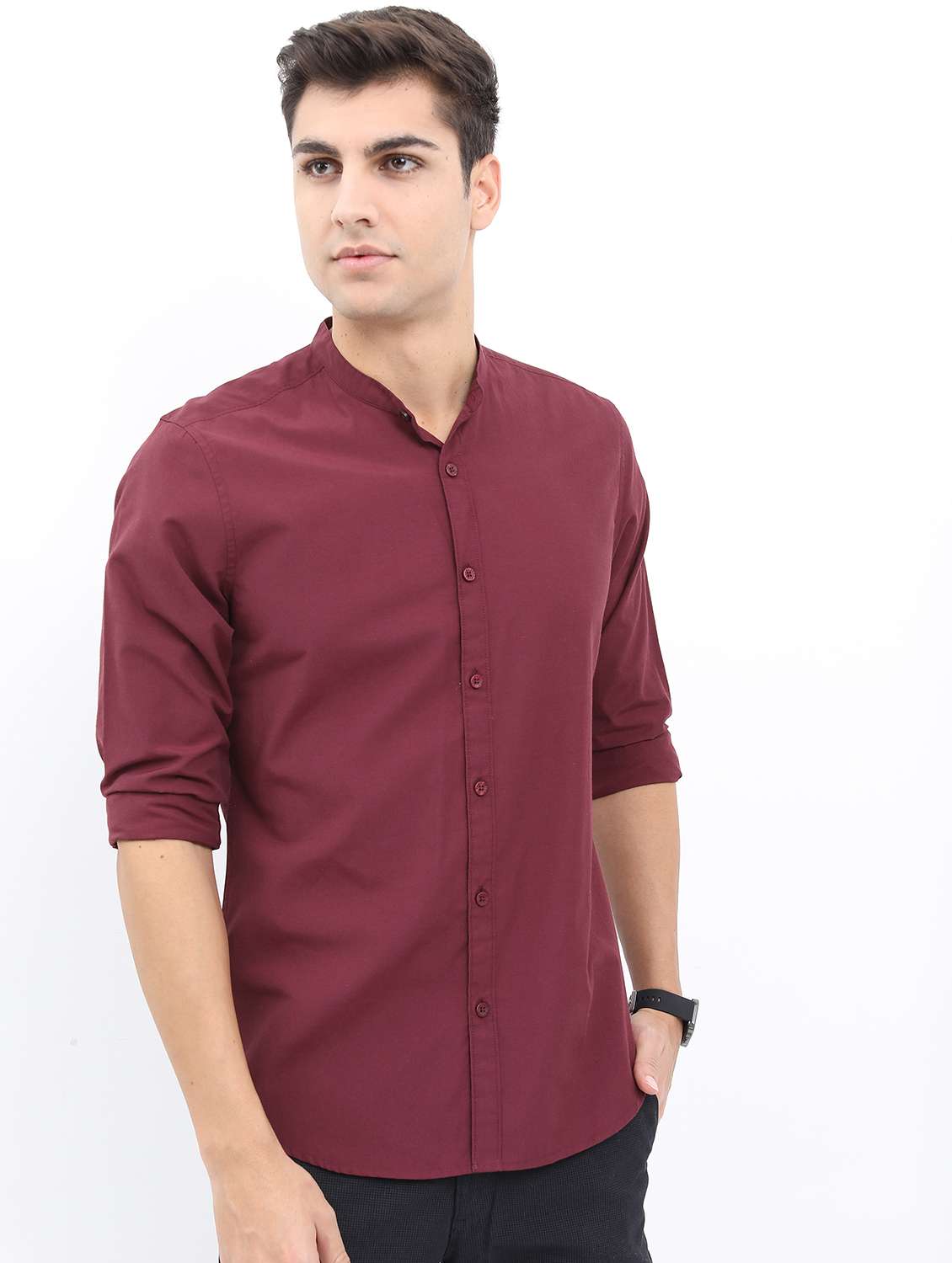 men mandarin neck solid casual shirt