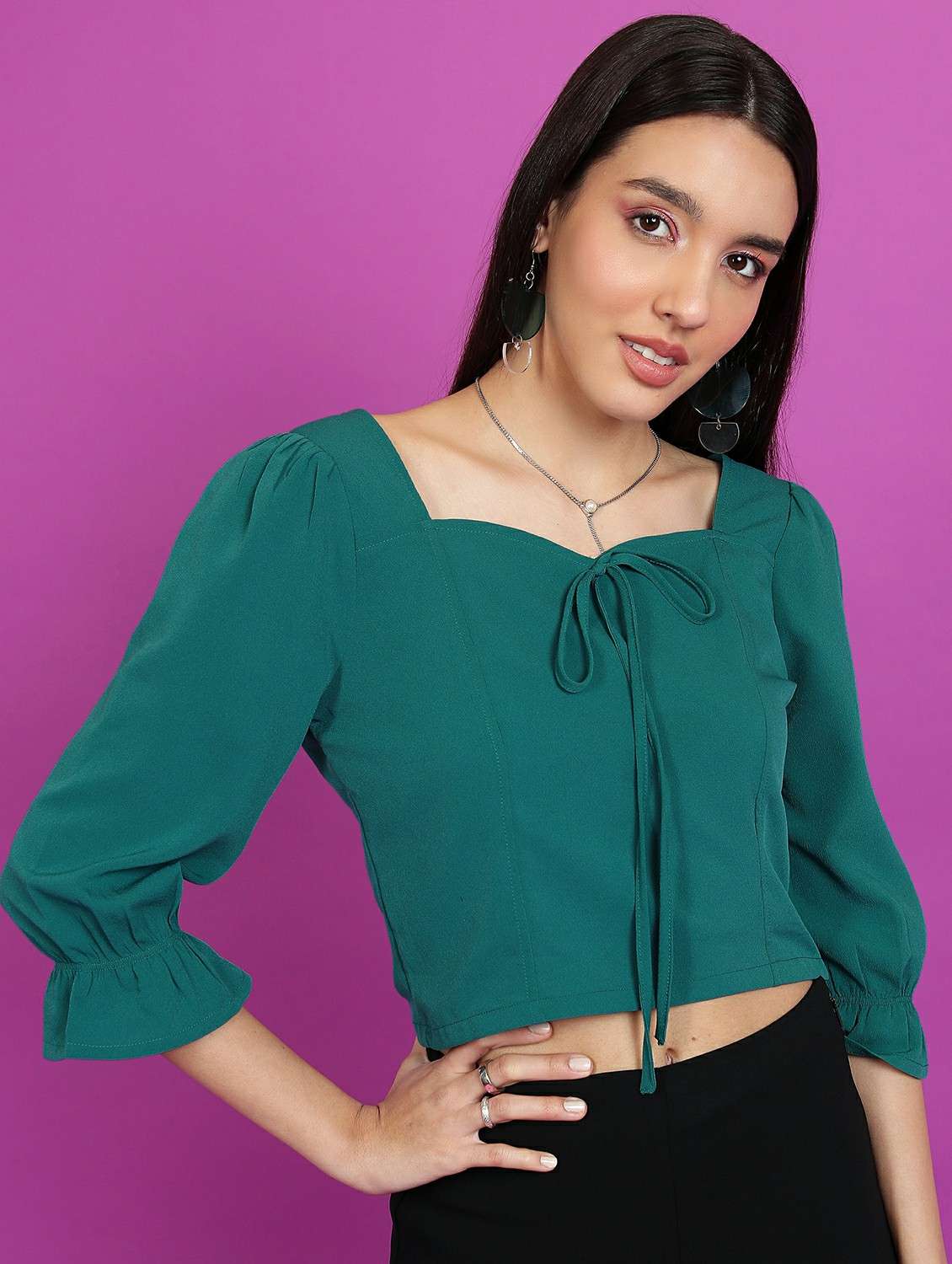 women sea green cotton blend crop top
