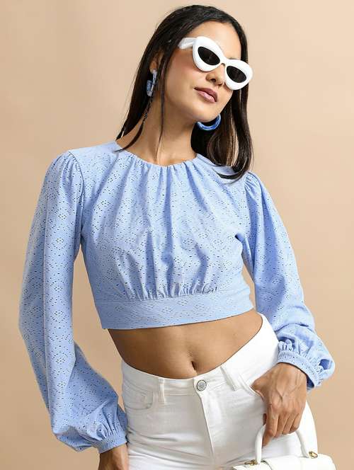 light blue schiffli crop top - 21487186 -  Standard Image - 0
