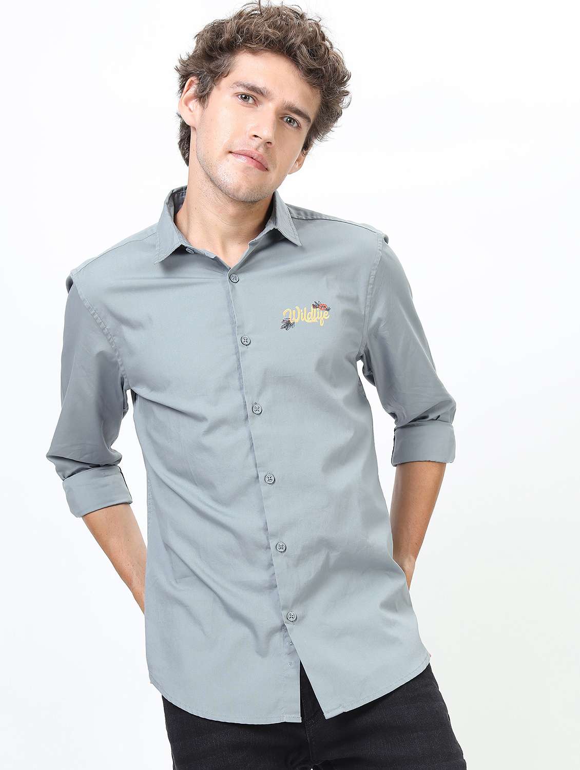 men collared long sleeves back print shirt