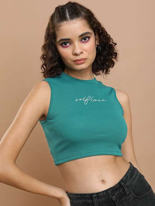 dark green typography crop top - 21487227 - Standard Image - 0