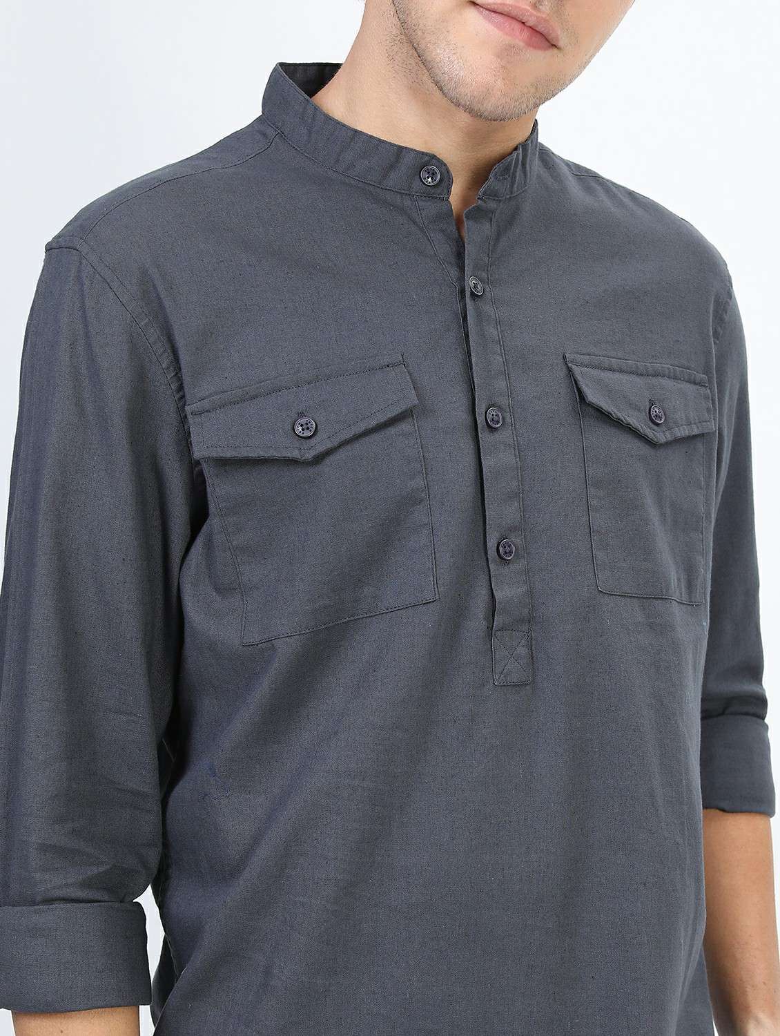 men grey mandarin neck casual shirts - 21487233 -  Standard Image - 5