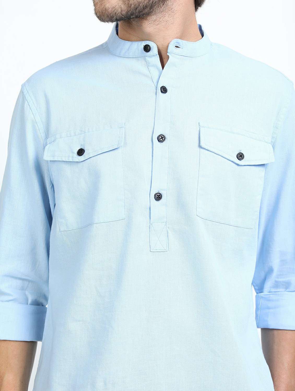 men light blue mandarin neck neck casual shirts - 21487234 -  Standard Image - 5