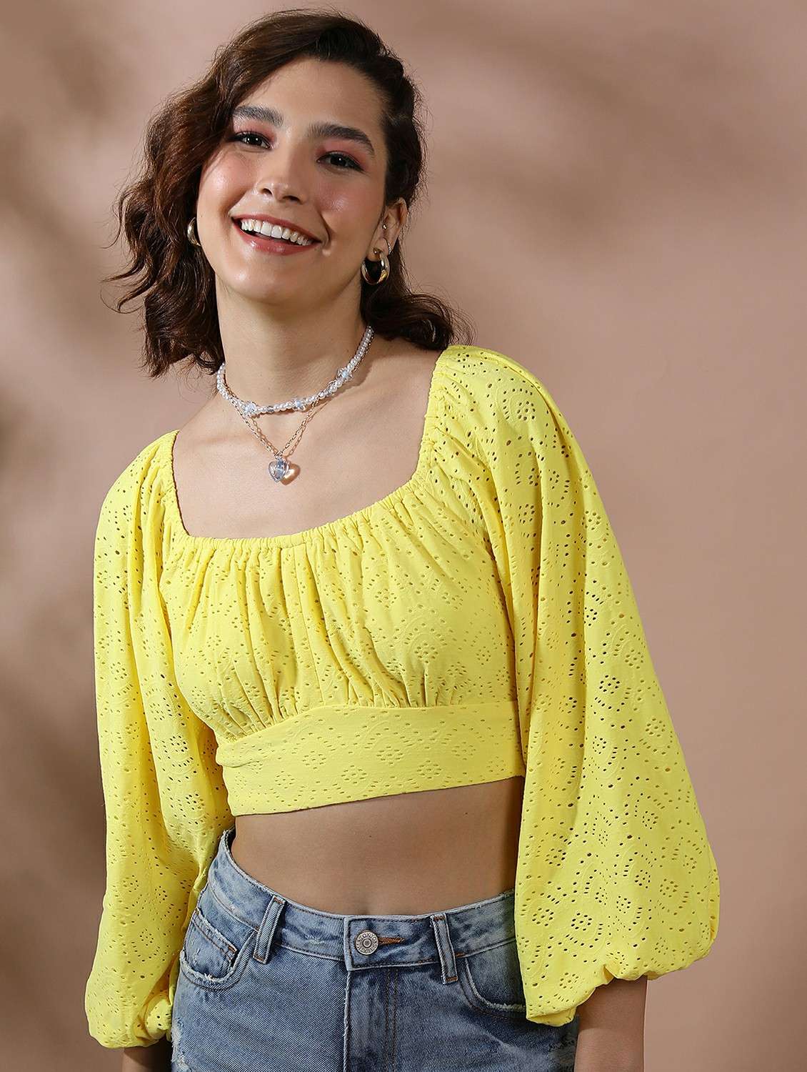 women yellow cotton blend crop top