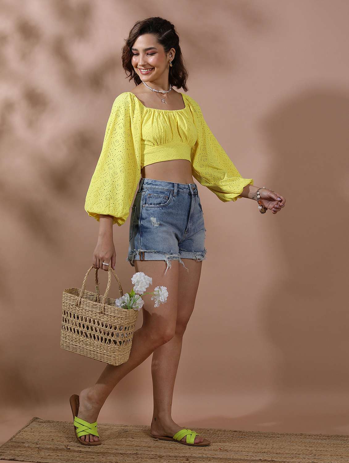 women yellow cotton blend crop top - 21487250 -  Standard Image - 3