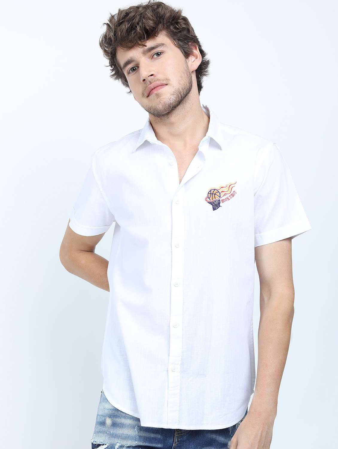 men short sleeved solid casual shirt