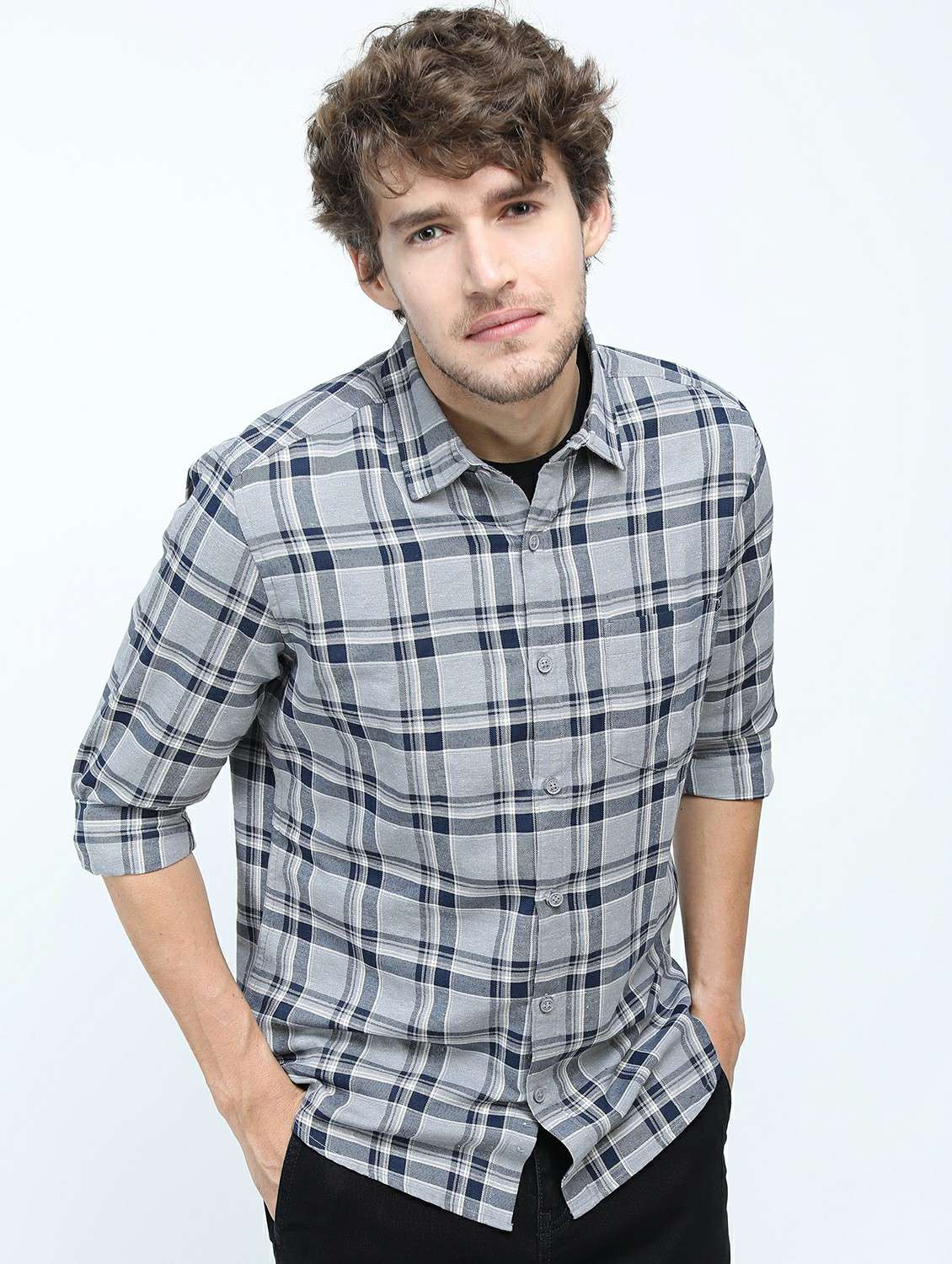 men grey slim fit check print casual shirt