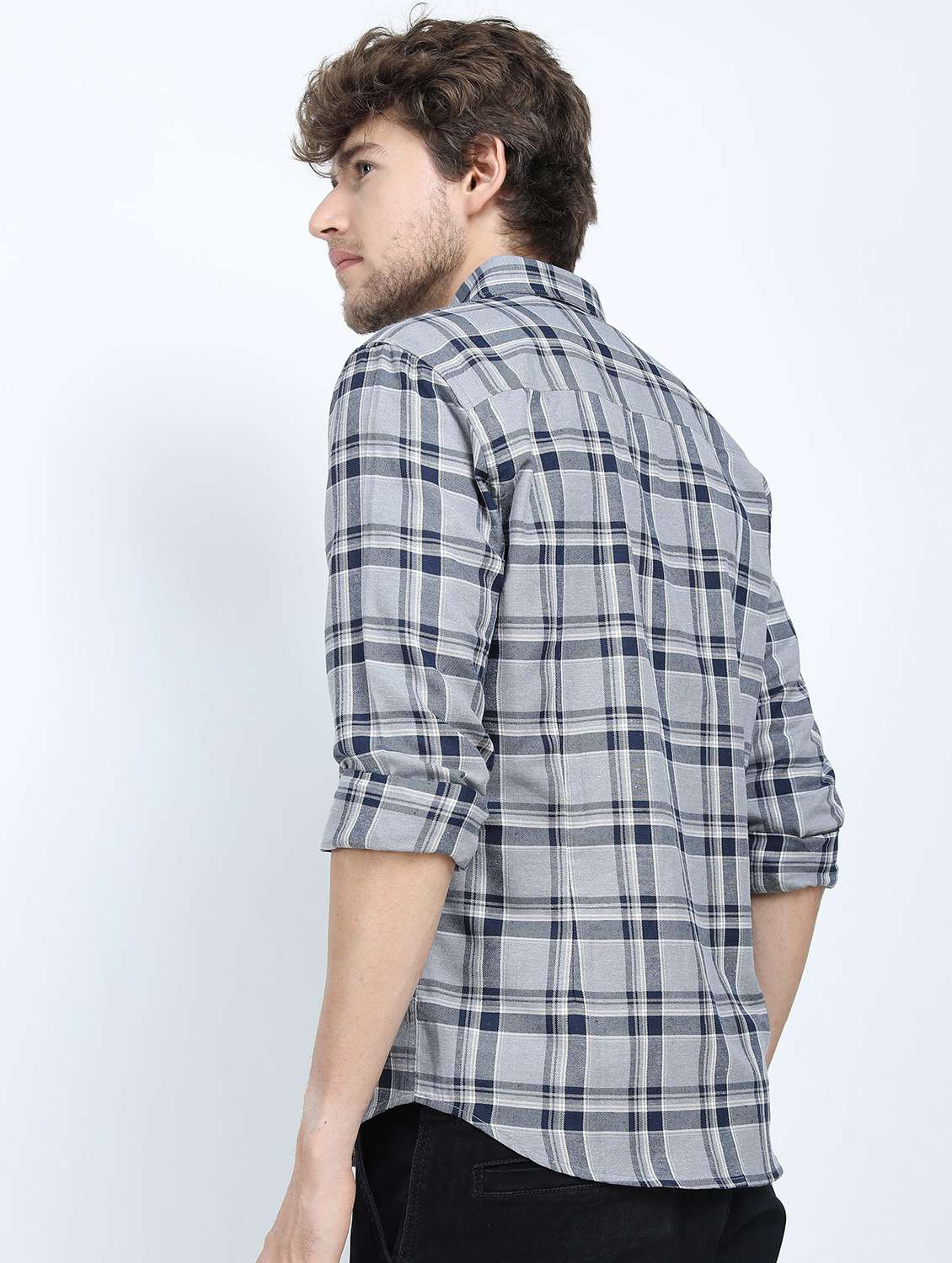 men grey slim fit check print casual shirt - 21487396 - Standard Image - 3