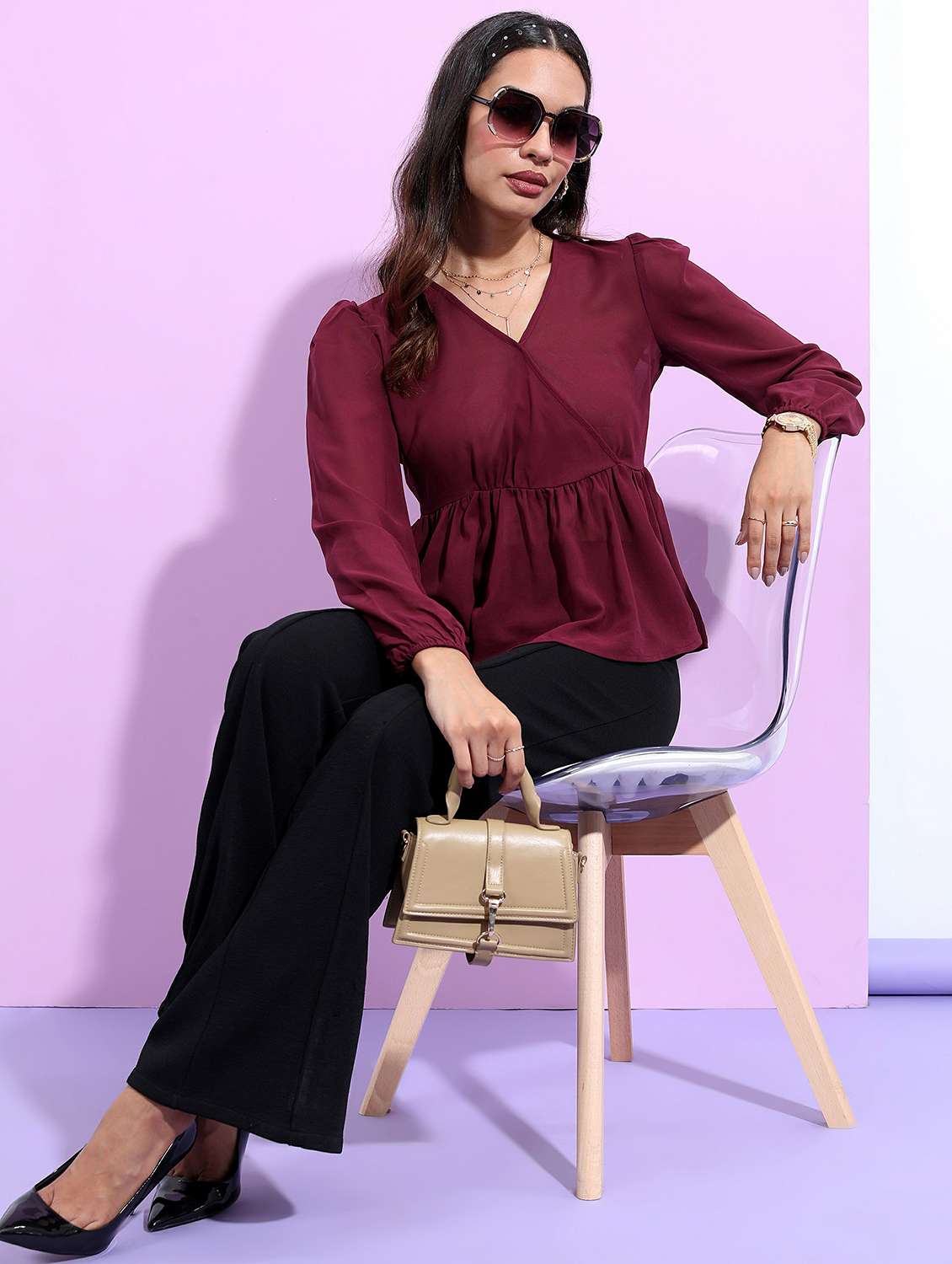women maroon cotton blend peplum top - 21487405 -  Standard Image - 3
