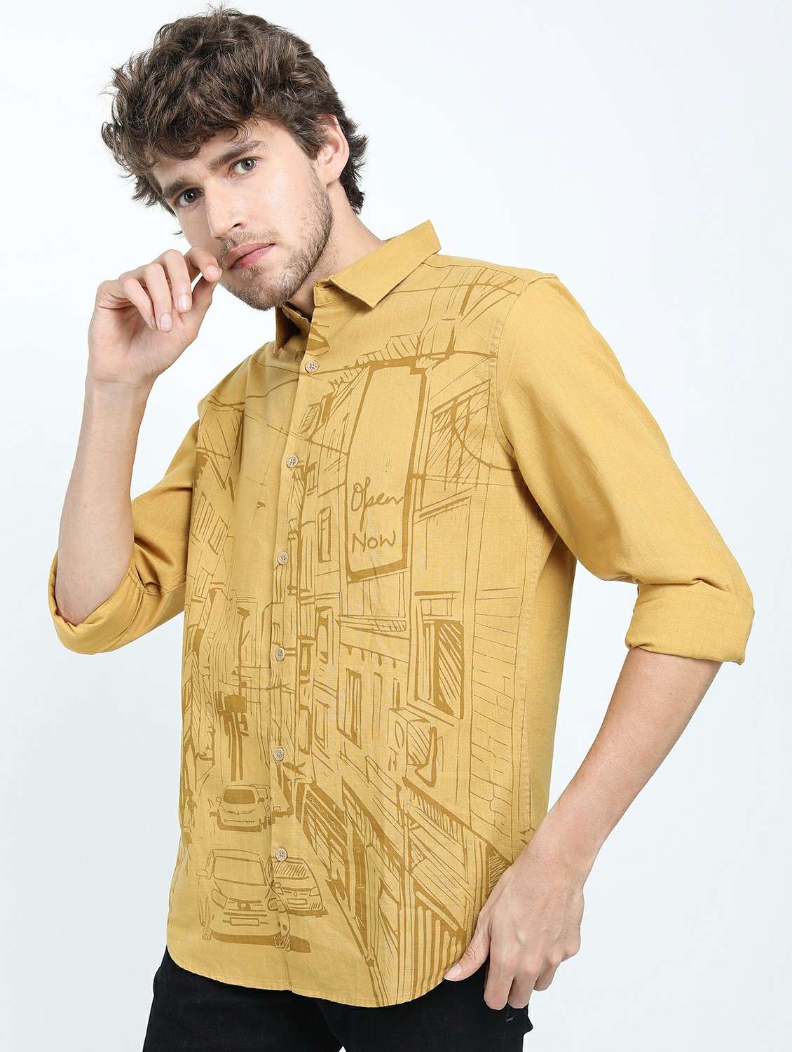 men long sleeved printed casual shirt