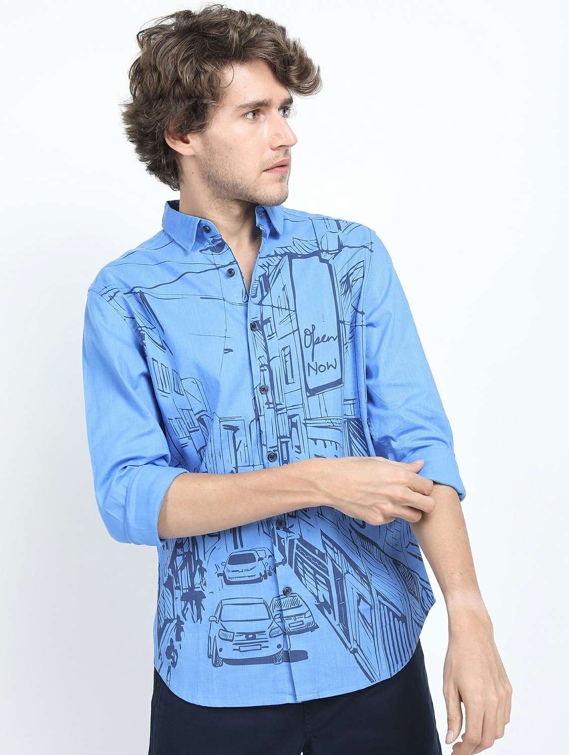 men long sleeved printed casual shirt