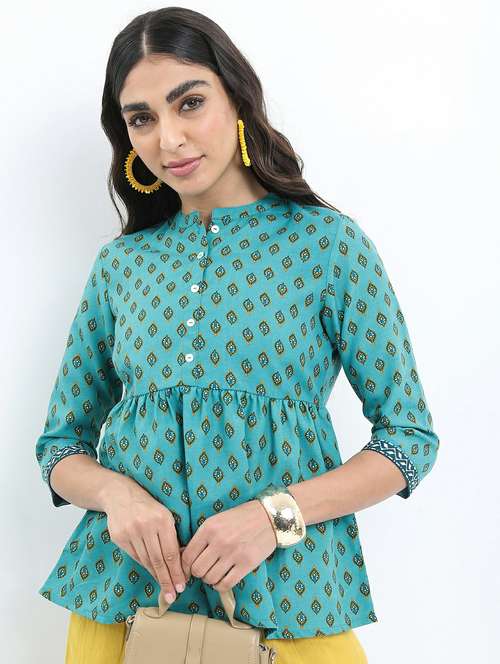 women blue cotton blend a-line top - 21487464 - Standard Image - 0