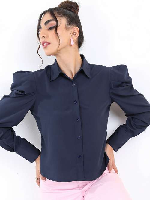 dark blue solid shirt top - 21487485 - Standard Image - 0