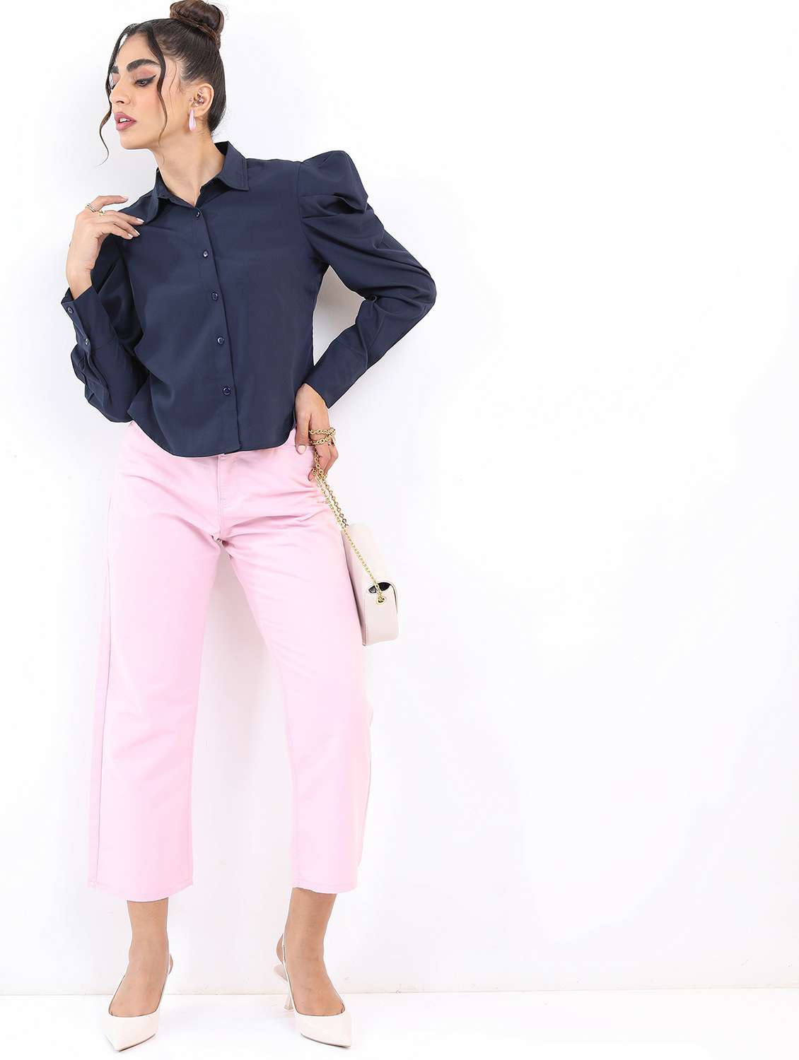 dark blue solid shirt top - 21487485 - Standard Image - 3