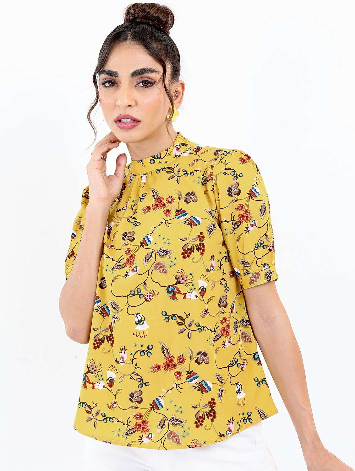 women yellow cotton blend regular top