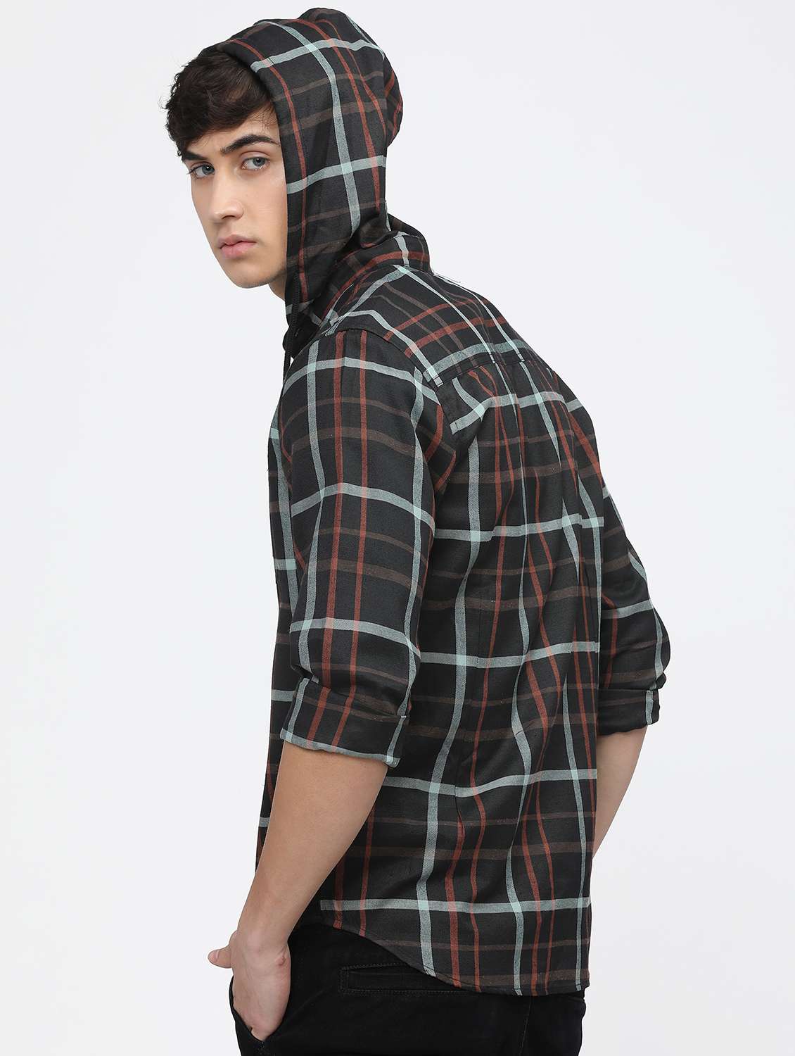 men hooded checks casual shirt - 21487588 -  Standard Image - 3