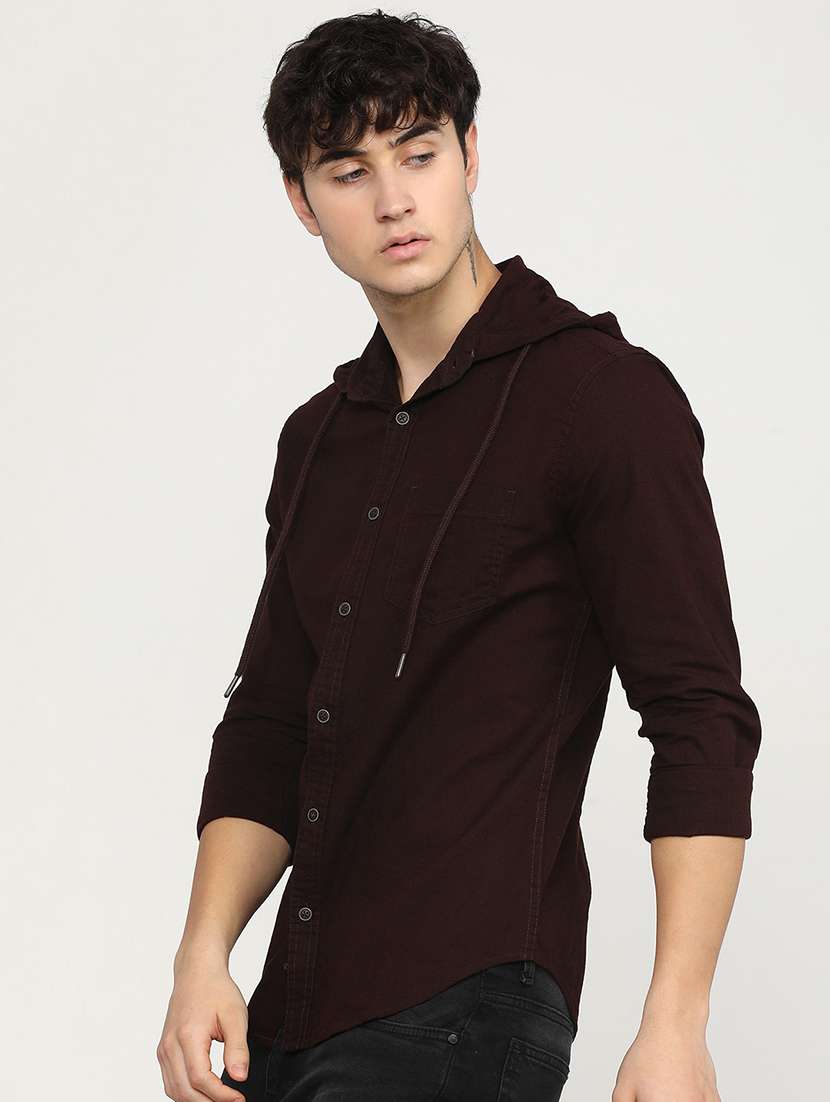 men hooded solid casual shirt
